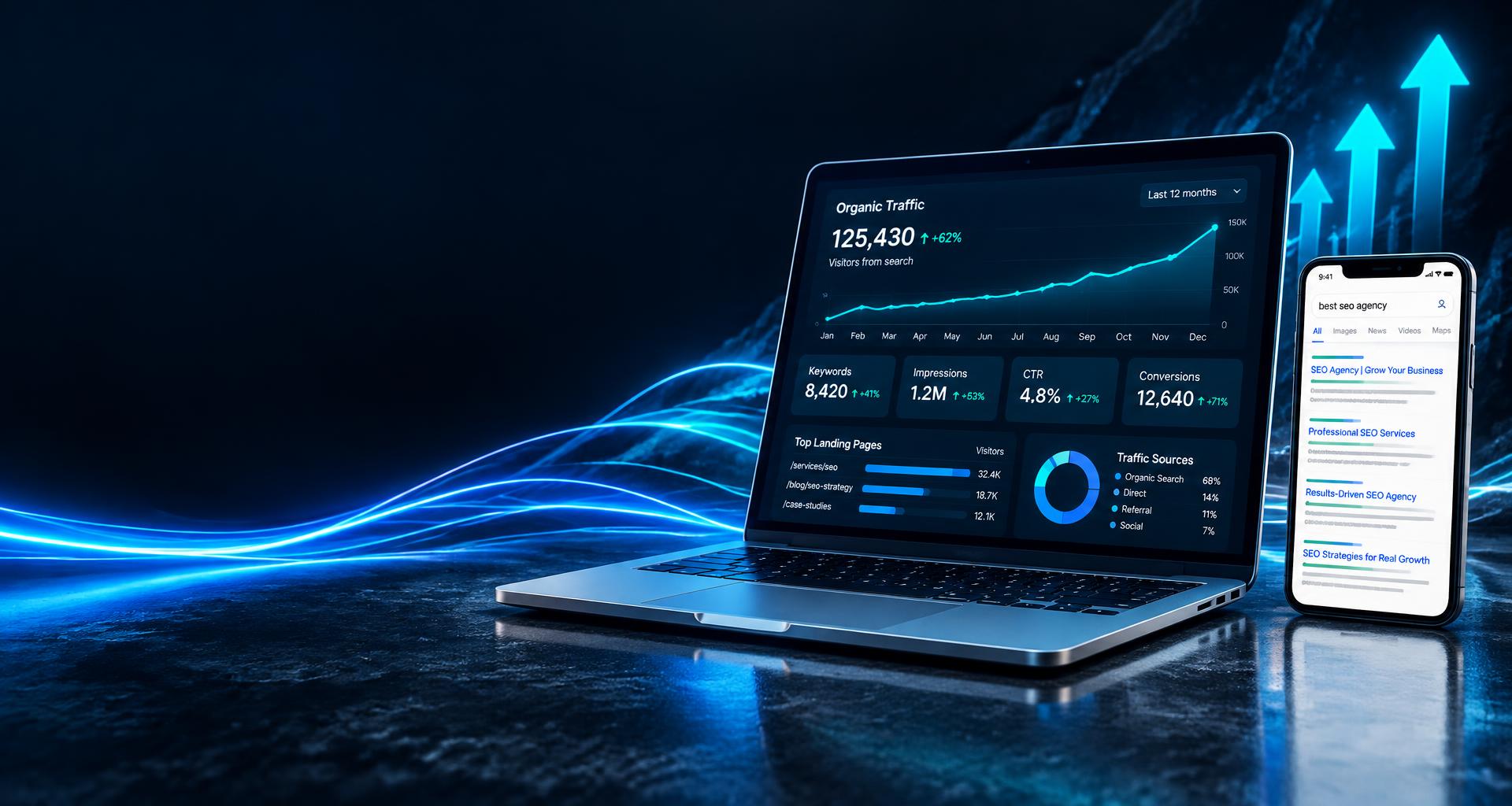 Laptop hiển thị biểu đồ tăng trưởng SEO và điện thoại với kết quả tìm kiếm